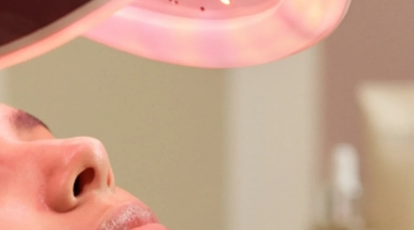Gros plan sur le profil d'une femme recevant un traitement de luminothérapie faciale avec une lumière rose émanant d'un appareil.