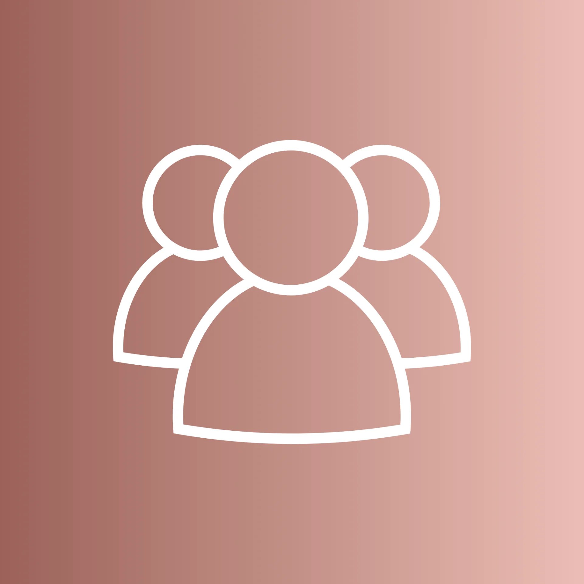 Icône stylisée représentant un groupe de trois personnes vues de face, avec des contours blancs sur fond dégradé rose et brun.